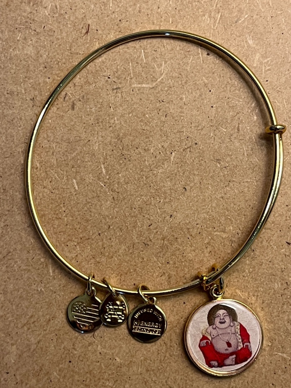 Alex and Ani Gold Tone Bangle Bracelet with Red Buddha Charm